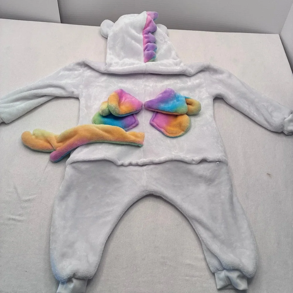Unicorn Plush Rainbow Costume Pajamas Kids Size 4T White One Piece Wings Hooded